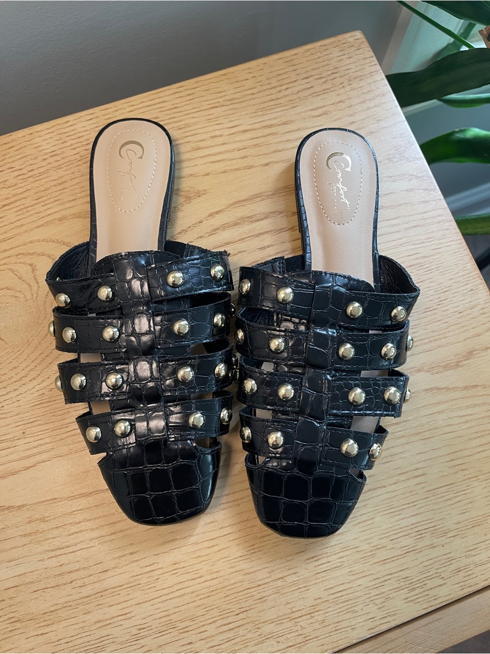 Black Croc-Embossed Gold Studded Slide Mules